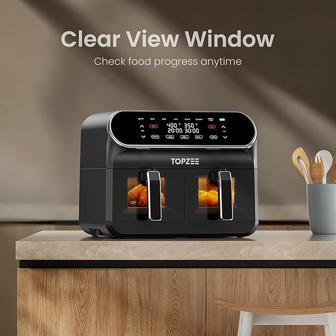 8 Quart Large Air Fryer - Dual Basket Airfryer with Easy View Windows, Preheat, Air Fry, Roast, Broil, Bake, Dehydrate, 2 Independent 4 QT Nonstick Dishwasher Safe Baskets, Black