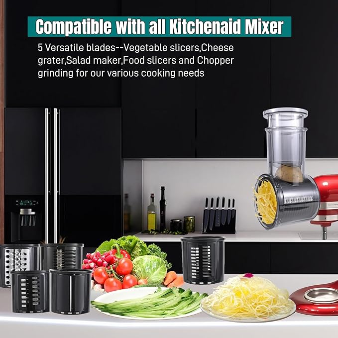 Stainless Steel Slicer Shredder Attachment Compatible with Kitchenaid Stand Mixer Parts Accessories, Vegetable Shredder Cheese Grater with Detachable 5 Blades