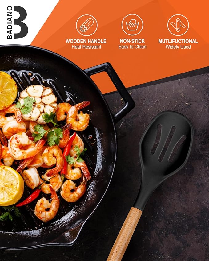 Large Silicone Cooking Spoons, 2 Pack Nonstick Solid and Slotted Wooden handle Spoon Set, Heat Resistan Silicone Kitchen Spoons for Cooking, Serving, Basting, Mixing (Black)