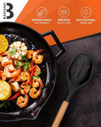 Large Silicone Cooking Spoons, 2 Pack Nonstick Solid and Slotted Wooden handle Spoon Set, Heat Resistan Silicone Kitchen Spoons for Cooking, Serving, Basting, Mixing (Black)