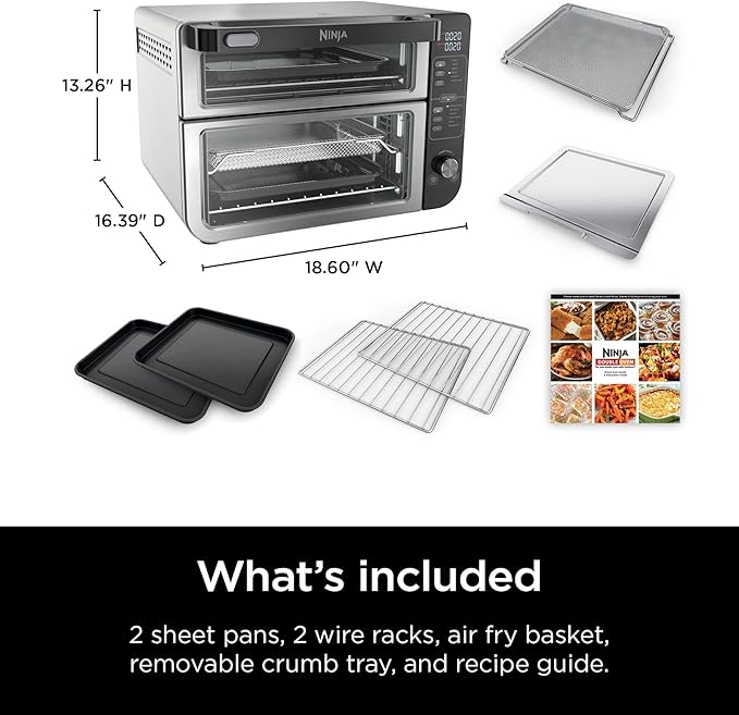 Ninja DCT401 12-in-1 Double Oven with FlexDoor, FlavorSeal & Smart Finish, Rapid Top Convection and Air Fry Bottom , Bake, Roast, Toast, Air Fry, Pizza and More, Stainless Steel