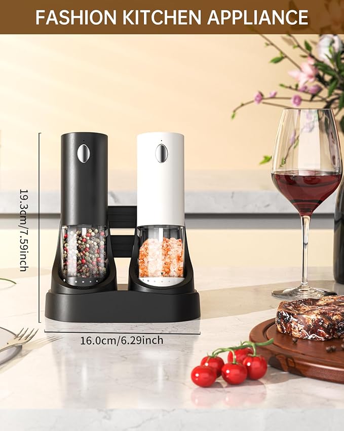 CIRCLE JOY Electric Salt and Pepper Grinder Set Automatic Salt and Pepper Grinder Set with Charging Base and White LED Light, Adjustable Coarseness, USB Rechargeable, Washable Container, White & Black