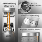 Bincoo Manual Coffee Grinder with Foldable Handle– External Setting Hand Coffee Grinder with Steel Burr,Compact and Portable for Home/Travel/Camping(Sliver)