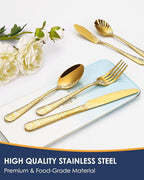 EUIRIO 53-Piece Gold Silverware Set with Serving Utensils, Gold Flatware Set for 8, Stainless Steel Mirror Cutlery Set, Spoons Forks Knives with Unique Floral Laser, Tableware Set, Dishwasher Safe