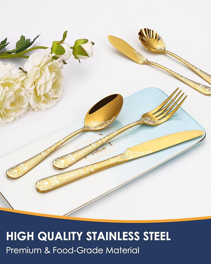 EUIRIO 53-Piece Gold Silverware Set with Serving Utensils, Gold Flatware Set for 8, Stainless Steel Mirror Cutlery Set, Spoons Forks Knives with Unique Floral Laser, Tableware Set, Dishwasher Safe