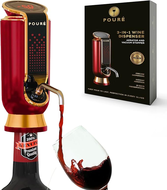 3-IN-1 Wine Aerator Dispenser & Vacuum Stopper - Adjustable Pouring, Preserving, Real-Time Temp, Output & Pressure Control - Touch Screen LED Wine Accessories - Fits 18–20mm Bottles - Red