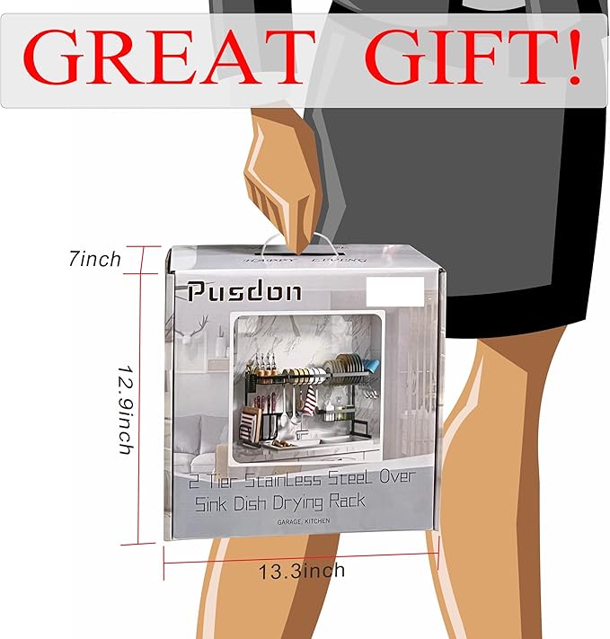 PUSDON Over Sink Dish Drying Rack Stainless Steel, Adjustable Large Dish Drainer for Storage Kitchen Organization Black 3 Tier - Standard(34"-46")