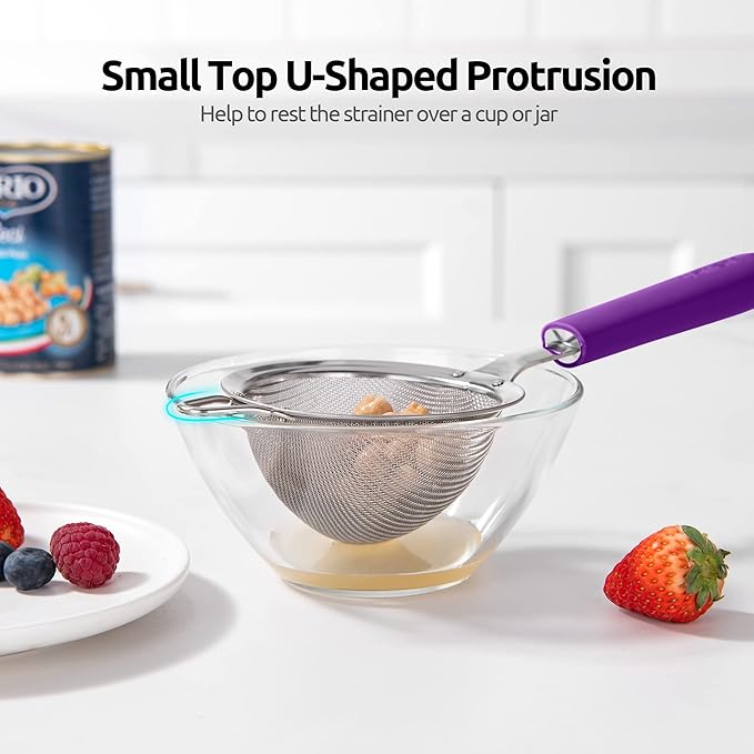 18/8 Stainless Steel Mesh Strainer: U-Taste 3.9 Inch Kitchen Fine Mesh Sieve Food Colander with Riveted Sturdy Silicone Handle and 30 Mesh Hole for Straining Flour, Quinoa, Tea, Juice (Purple)