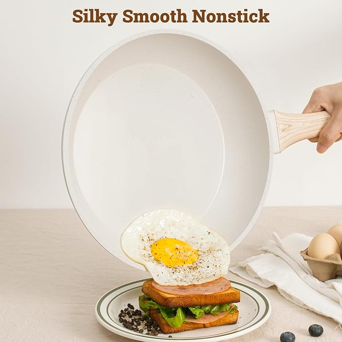 17 Pcs Pots and Pans Set Non stick，Cookware Sets White Granite Induction Cookware, Non-toxic Healthy Non Stick Kitchen Cooking Set with Frying Pans Set, Saucepans (PFAS, PFOA, PFOS Free) White