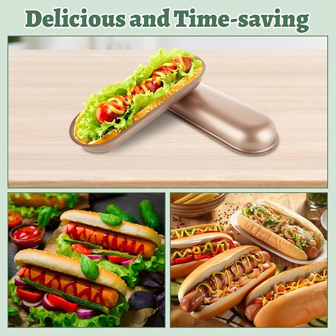 CYEAH 6 Pcs Mini Loaf Pan Baking Pan, 7-Inch Carbon Steel Hot Dog Loaf Pan Set, Non-Stick Hotdog-Shaped Bread and Cake Bakeware for Kitchen Baking, Hot Dog Bun Pan Serving Tray - Gold