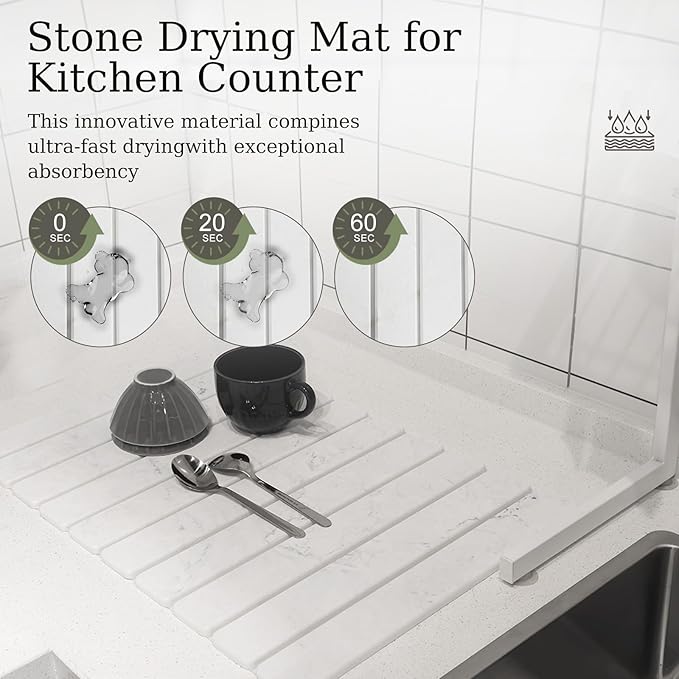 Hopegiver Stone Drying Mat for Kitchen Counter, 23.62"x15.35" Gray Marble Quick Dry Mat, Absorbent Diatomaceous Earth Dish Mat for Dishes Plants Pet Feeding, Collapsible Design Includes Sanding Sponge