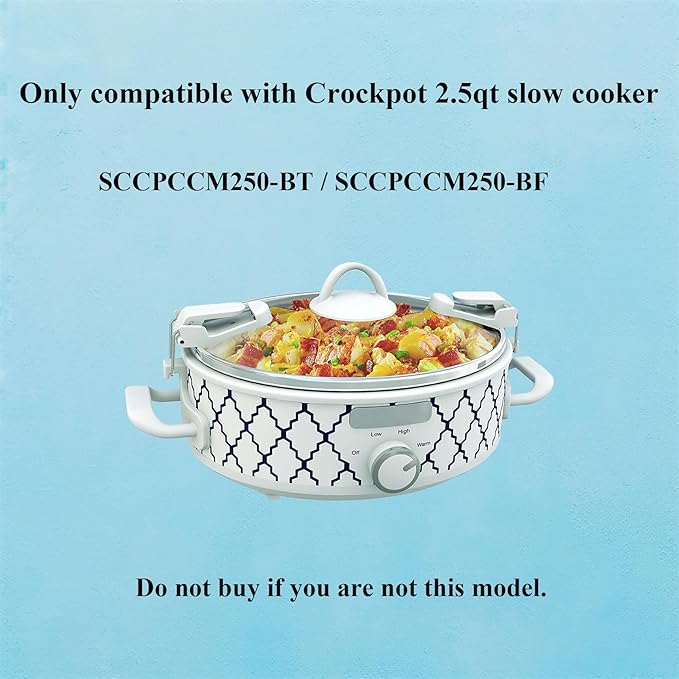 Oval 2.5Qt Glass Lid Replacement Compatible with Crockpot Slow Cooker SCCPCCM250-BT, SCCPCCM250-BF, with Sealing Ring and Buckles, White Handles