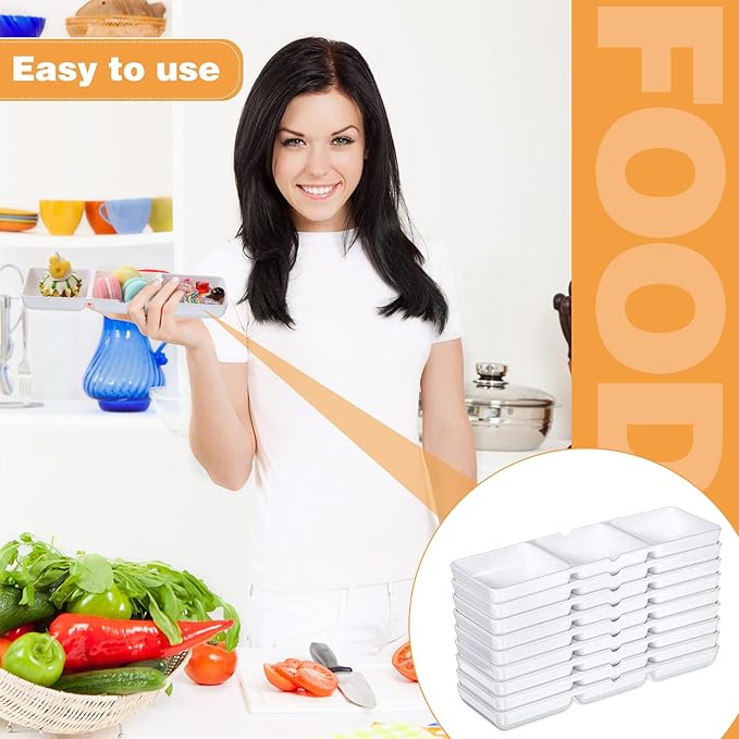12 Pcs Small White Plastic Appetizer Serving Tray 3 Compartment Serving Dishes Reusable Stackable Sectional Platter Rectangular Divided Split Dish for Restaurant Kitchen Food Candy