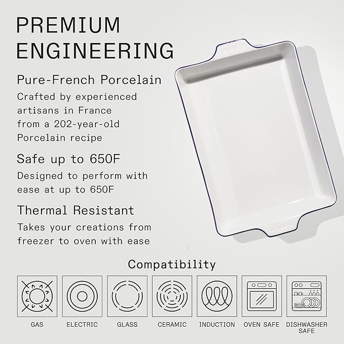 Made In Cookware - Rectangular Baking Dish - Navy Rim - Hand Crafted Porcelain - Professional Bakeware - Made in France