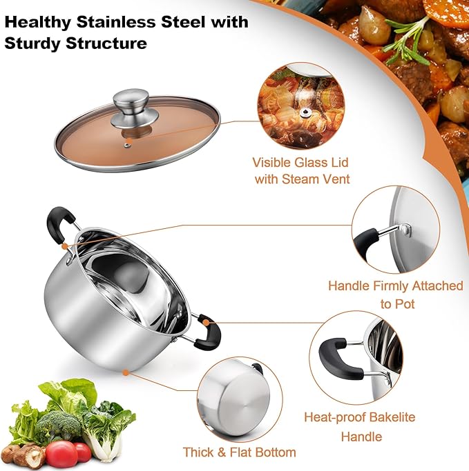 TeamFar Stock Pot 4qt, Stainless Steel Stock Soup Pasta Pot with Lid, Double Heatproof Handles, Non Toxic & Healthy, Easy Clean & Dishwasher Safe
