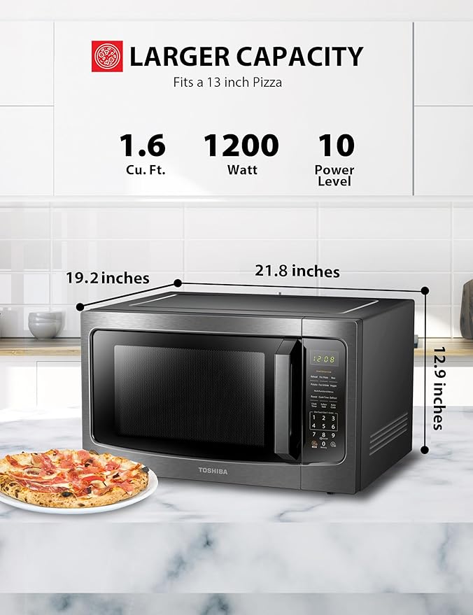 TOSHIBA ML-EM45P(BS) Countertop Microwave Oven with Smart Sensor and Position Memory Turntable, Function, 1.6 Cu.ft 13.6" Removable Black Stainless Steel, 1200W