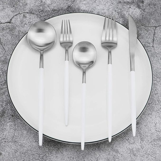 Gugrida 5-Piece Matte Silver Stainless Steel Satin Finish Flatware Set - Dishwasher Safe, Perfect for Camping, Office Lunch or Home Use