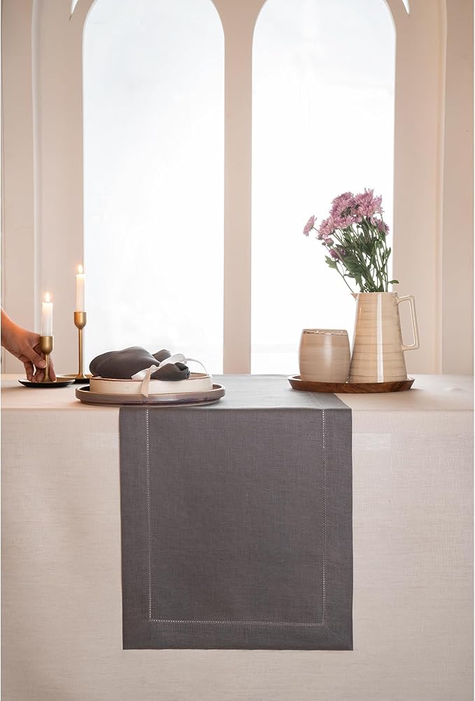 D'Moksha Homes Linen Charcoal Grey Table Runner 108 Inches Long - 100% Pure Linen 14 x 108 Inch Table Runner for Summer, Fall and Halloween - Classic Hemstitch