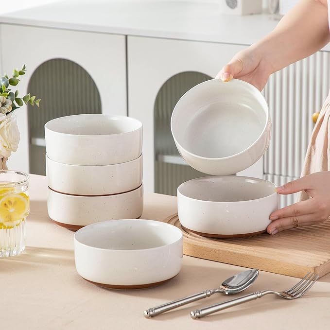 MALACASA Cereal Bowls Set of 6, 24 OZ Ceramic Bowls for Kitchen, Soup Bowl Breakfast Bowls, Dishwasher Microwave Safe, Khaki White, Series TARA