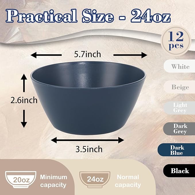 Supernal 12PCS Blue Wheat Straw Bowls - Durable Reusable Soup & Cereal Bowls, Hard Plastic Dinnerware with Smooth Edges,Disposable Plastic Bowls for Catering,Hot Food,Salad (Lightweight & Unbreakable)