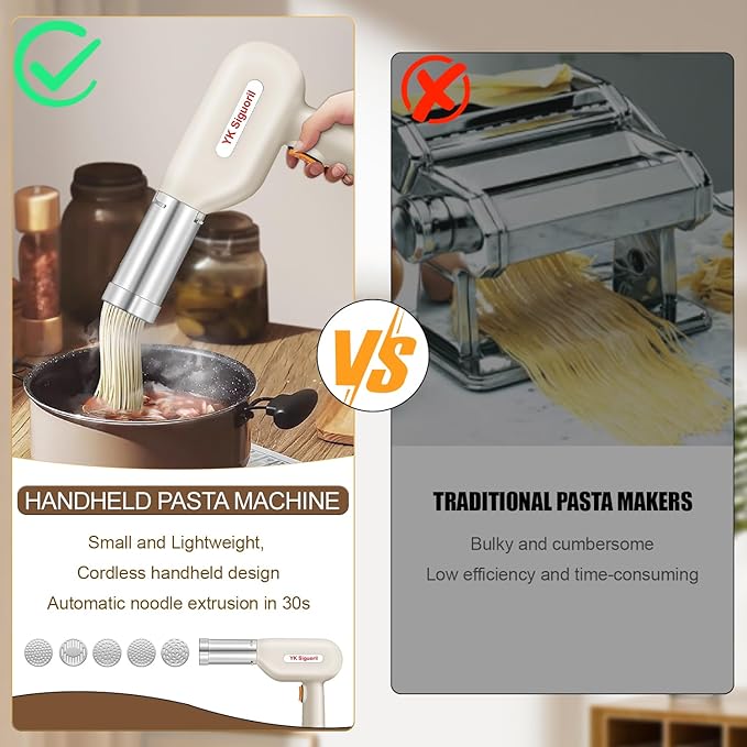 Handheld Electric Pasta Maker 5-in-1 Cordless Pasta Maker Machine Automatic Noodle Press Machine for Homemade Spaghetti, Portable Noodle Maker with Dough Cutter, Quick and Easy to Clean