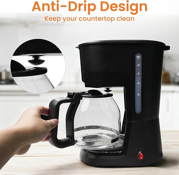 12-Cup Coffee Maker, 1.5L Drip Coffee Machine with One-Touch Brewing, Glass Carafe, Anti-Drip System, Reusable Filter, Easy-to-Use Home & Office Coffee Brewer