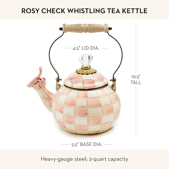 MACKENZIE-CHILDS Enamel Whistling Tea Kettle, Decorative Teapot, Pink-and-White Rosy Check