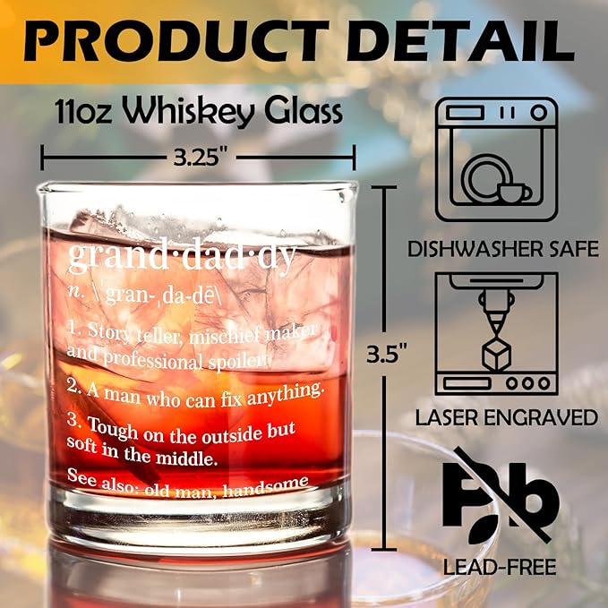 kunlisa Granddaddy Grandpa Whiskey Glasses, Best Granddaddy Gifts for Father's Day Birthday from Grandkids, 10 oz Drinking Rocks Glasses for Men Whisky Cocktail Scotch Bourbon Liquor