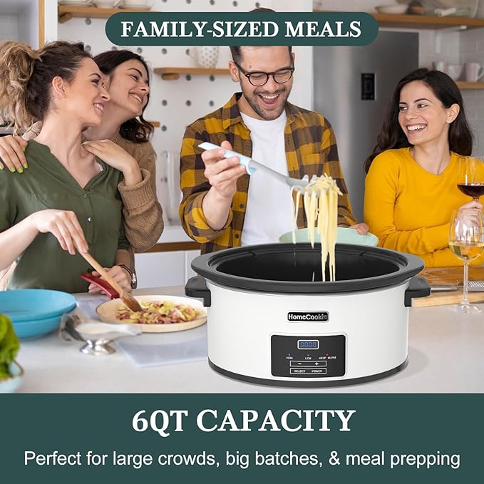 6-Quart Programmable Slow Cooker with Timer Keep Warm - Small Kitchen Appliance for Family Dinners - Serves 6+ People - Heat Settings: Keep Warm(White, Black Liner)