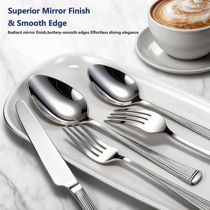 Yoehka 60-Piece Hammered Silverware Set for 12, Stainless Steel Flatware Set with Roman Column Handles, Mirror Polished Cutlery/Utensils Set for Home, Restaurant, Hotel, Dishwasher safe