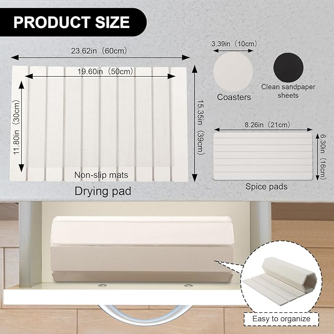 Stone Drying Mat for Kitchen Counter, 23.6"x15.4" Absorbent Dish Drying Mat with 2 Pack Absorbent Stone Coasters, 1 Seasoning Pad, Quick Dry Large Dish Drying Mats for Kitchen Counter, White