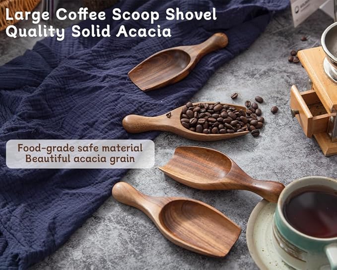 Acacia Coffee Scoop, 4pcs Large Wood Scoops for Coffee Beans, Big Wooden Scoops Shovel for Big Jars Canisters Ground Coffee, Sugar, Salt