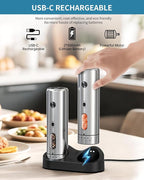 CIRCLE JOY Electric Salt and Pepper Grinder Set with Rechargeable Base Upgraded Stainless Steel Automatic Salt and Pepper Shakers with 2 Grinding Speeds, External Adjustment and 176ml Capacity, Silver