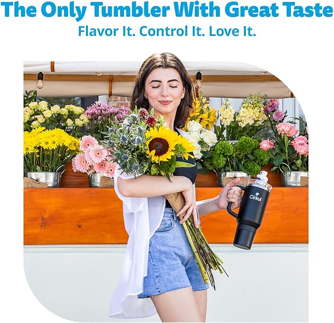 Cirkul 40oz Stainless Steel Insulated Tumbler Bundle in Carbon – Includes Flavor Cartridge Drink Mix Variety Pack, Zero Calories, No Sugar