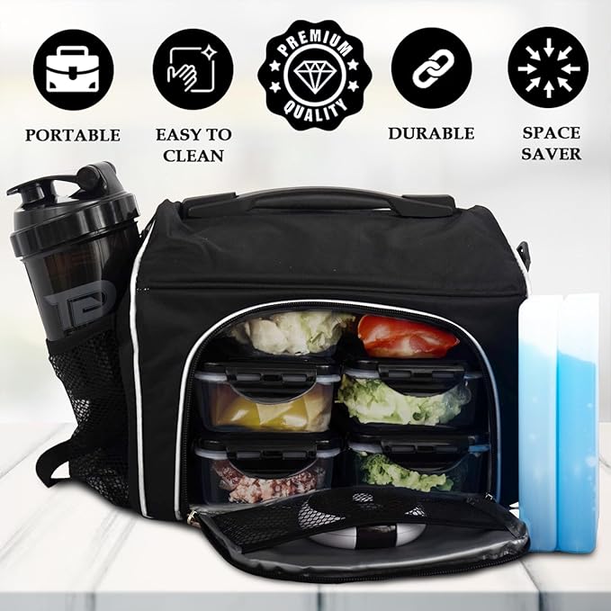 TO GO Meal Prep Bag Insulated Lunch Meals Bag W/6 Portion Control Containers,2 ICE PACKS, Shaker, Pill Box,With an Adjustable shoulder. bag for meals (Black)
