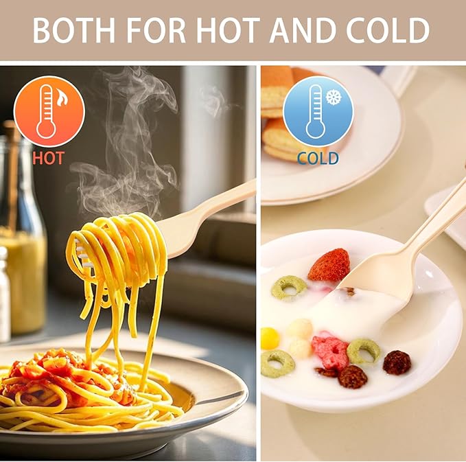 300 Count Light Brown Compostable Silverware, 100 Forks 100 Spoons 100 Knives Compostable Utensils, No Plastic Utensil, Eco Friendly Disposable Plastic Silverware for Party Office Wedding