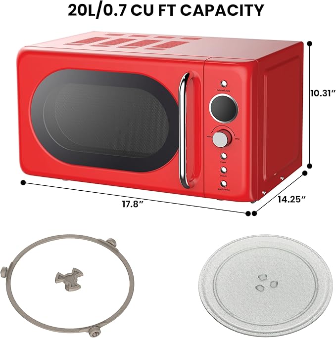 Total Chef Retro Microwave Oven | 20L / 0.7 Cu Ft | Quick Start & Defrost By Weight/Time | 8 Pre-set Cooking Modes For Coffee, Rice, Pasta, Potato, Reheat, Fish, Pizza, Popcorn | 700W | Red