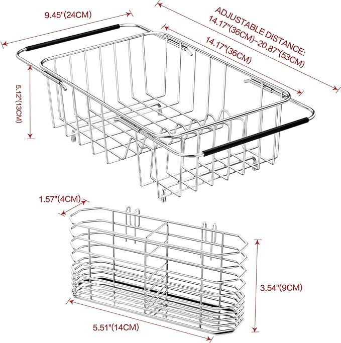 Dish Drainer Rack in Sink Adjustable, Expandable 304 Stainless Steel Metal Dish Drying Rack Organizer with Stainless Steel Utensil Holder Over Inside Sink Counter, Rustproof