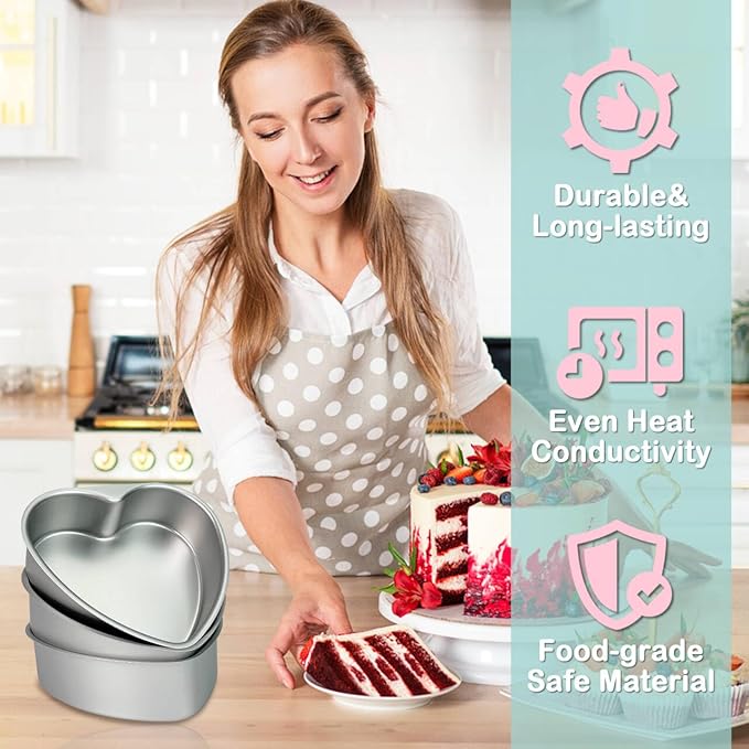 3-Pack 8-Inch Heart Shaped Cake Pans, Durable Anodized Aluminum Pans with Fixed Bottom, Ideal for Baking, DIY Projects, Birthdays & Weddings, Heart Pans Chiffon Cake Mold for Oven Baking