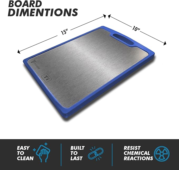 Titanium Cutting Boards for Kitchen - Dual-Sided Cutting Board with Pure Titanium and Wood Surface, Durable Chopping Board, Easy to Clean with Juice Groove - Large 15 x 10 (Blue)