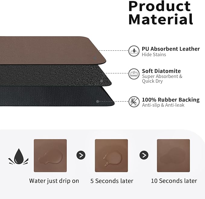 Dish Drying Mat for Kitchen Counter, Heat Resistant Drainer Mats with Non-slip Rubber Backed, Hide Stain Kitchen Super Absorbent Draining Mat, Easy to Clean Dish Rack Pad, Brown 18"x32"