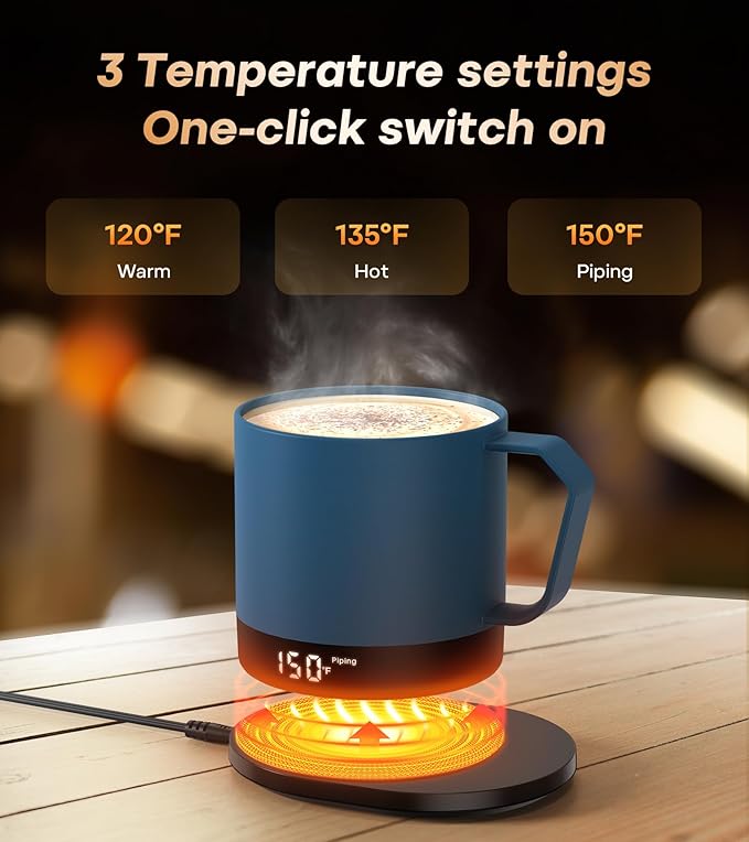 Heated Coffee Mug Rechargeable - Temperature Control Self Heating Coffee Mug 14oz with Lid, Double Sided & Real-Time LED Display, Hot up to 150℉, Birthday Gifts for Women and Men(Blue)