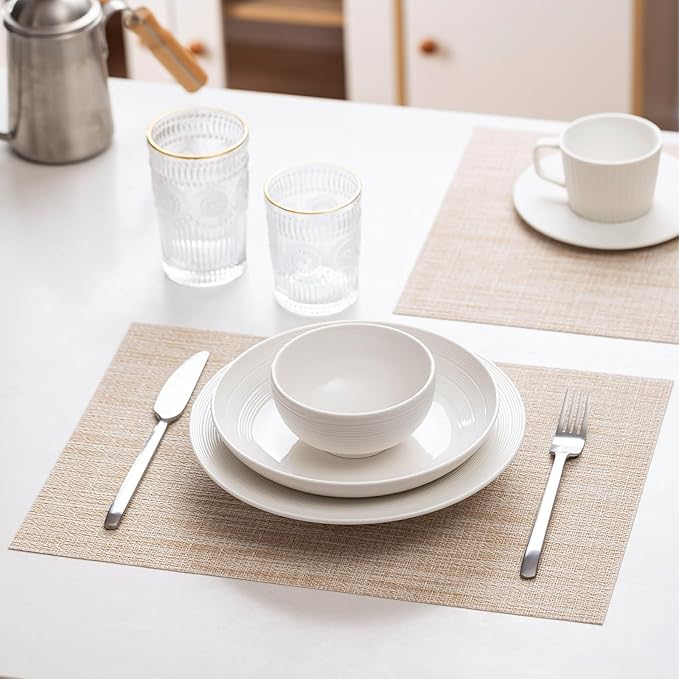 LEXMORE PVC Woven Placemats 4 PCS Wipeable Indoor/Outdoor Table Mats Washable Vinyl Place Mat for Dining Table, Set of 4-Beige White