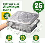 9x13 Aluminum Pans with Lids [25 Pack], Extra Heavy Duty Half Size Disposable Foil Pans, Deep Baking Pans for Cooking, Roasting, Heating, and Steam Tables