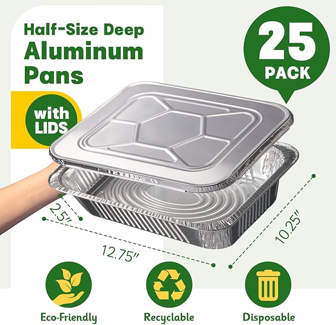 9x13 Aluminum Pans with Lids [25 Pack], Extra Heavy Duty Half Size Disposable Foil Pans, Deep Baking Pans for Cooking, Roasting, Heating, and Steam Tables