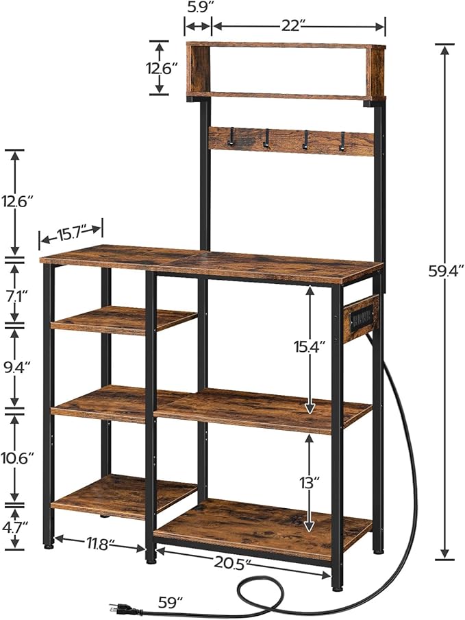 HOOBRO Bakers Rack with Power Outlet, 35.4 Inches Microwave Stand with 4 Hooks, 6 Tiers Kitchen Storage Shelf Rack, Coffee Bar Table, Rustic Brown and Black BF10UHB01
