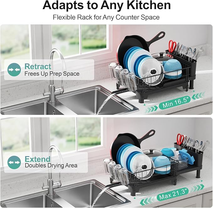 GSlife Expandable Dish Drying Rack - Large Dish Racks for Kitchen Counter with Pan Slot, Anti-Rust Sink Dish Drainer with Drainboard and Utensil Holder, 26.2" Lx12.6 W, Black