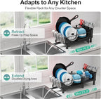 GSlife Expandable Dish Drying Rack - Large Dish Racks for Kitchen Counter with Pan Slot, Anti-Rust Sink Dish Drainer with Drainboard and Utensil Holder, 26.2" Lx12.6 W, Black