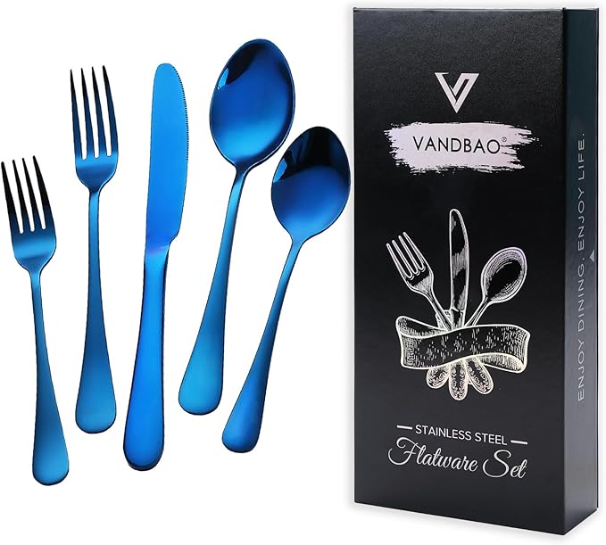 Blue Silverware Set Flatware Cutlery - 20 Pieces Stainless Steel Tableware Set Service for 4,Include Fork Knife Spoon,Mirror Polished,Dishwasher Safe