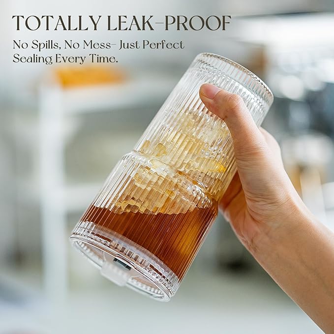 KEMORELA 2-Pack Ribbed Glass Tumblers with Lids & Straws – Vintage Iced Coffee Cups, Reusable Smoothie & Cocktail Drinking Glasses, Clear Glassware for Home or Cafe